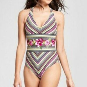 MOSSIMO Women's Multi-Stripe Floral Swimsuit. M
